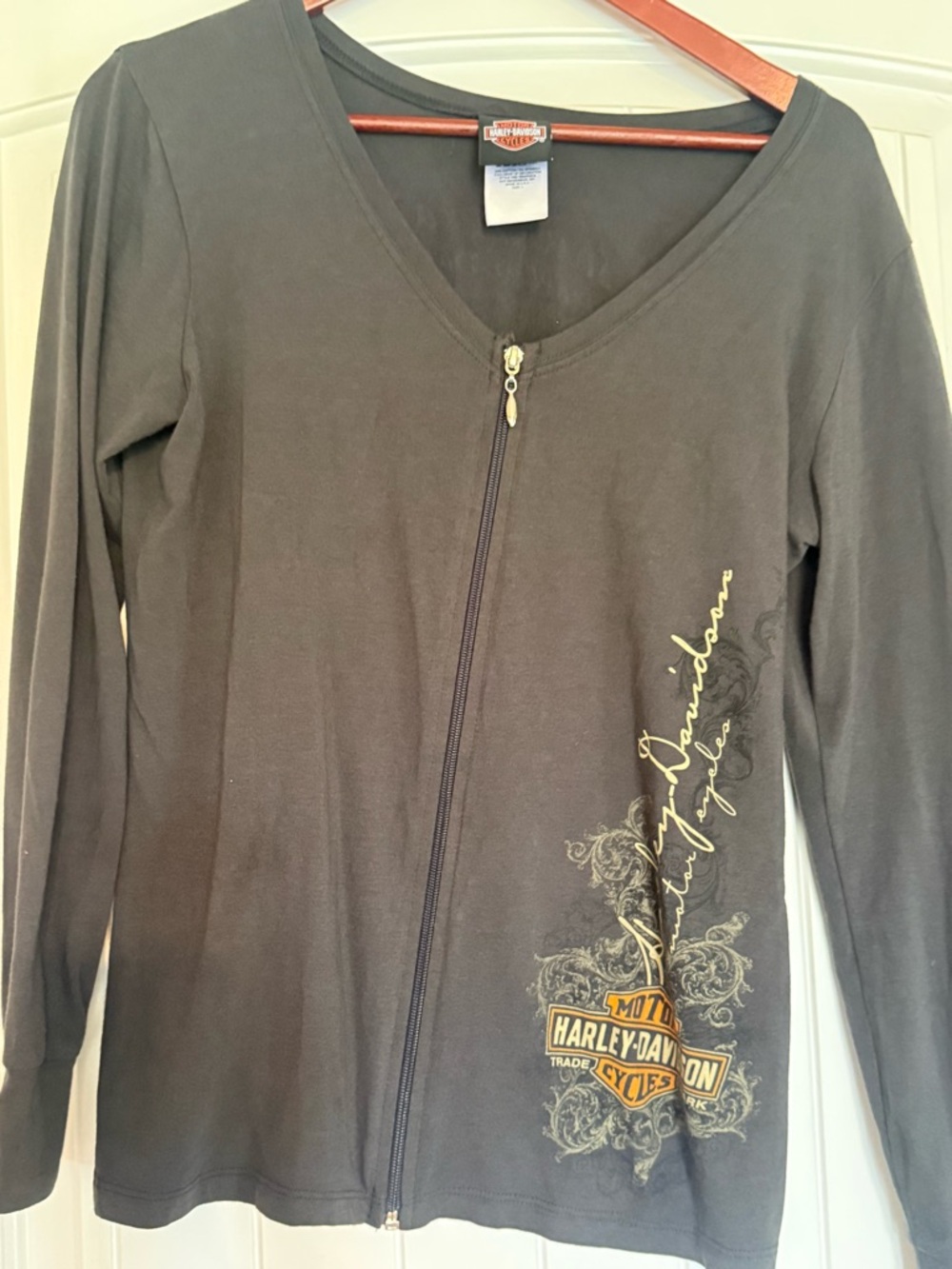 Harley-Davidson Women’s Black Long Sleeve Zip Front Top with Gold Script